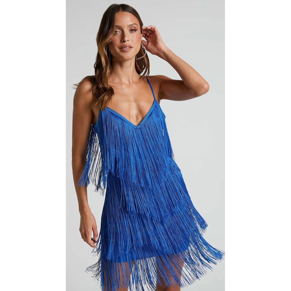 Showpo Cobalt Blue Fringe Midi Dress
